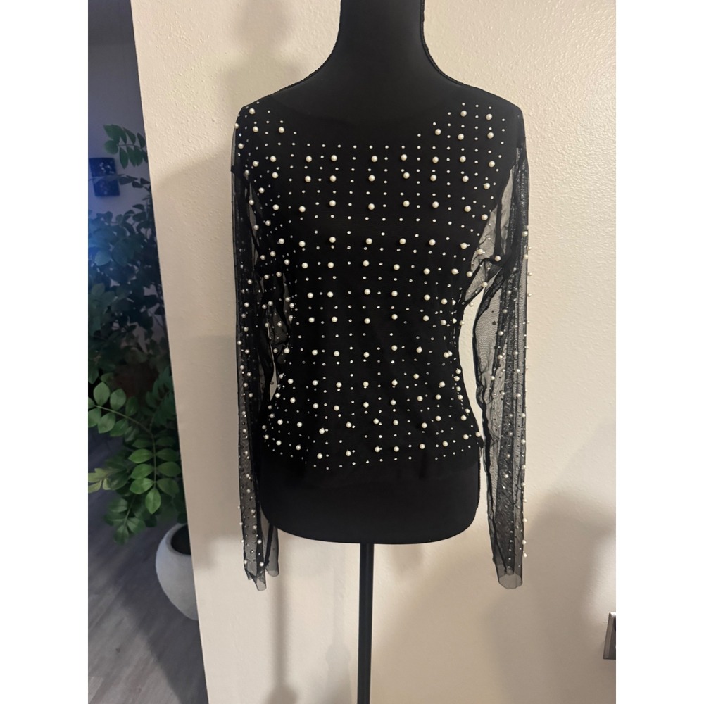 Black Mesh Faux Pearl Rhinestone Embellished Long Sleeve Sheer Top Large